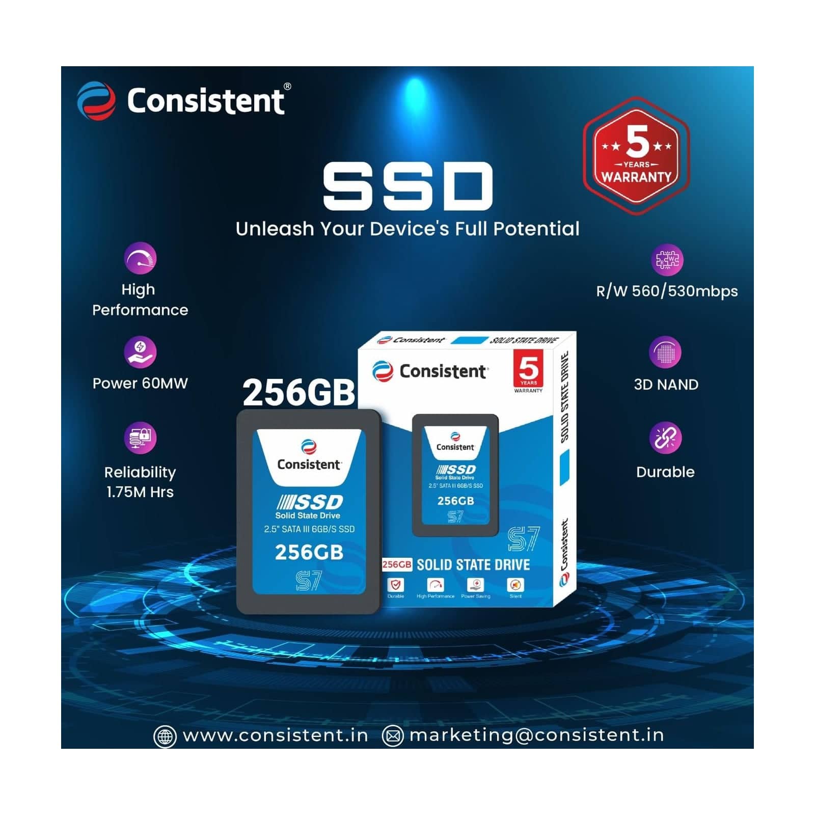 Consistent SSD 256GB 2.5 Inch SATA Internal SSD
